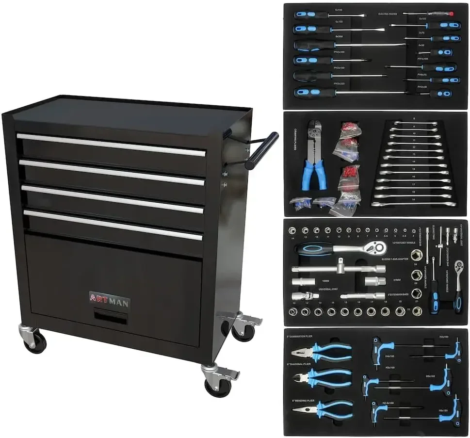 

4 Drawers Tool Cabinet with Tool Sets Rolling Tool Cart with Drawers and Wheels Mechanics