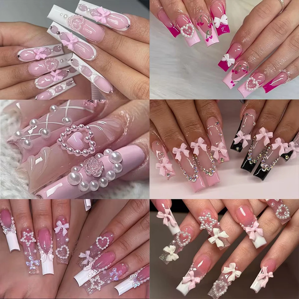 1 caja serie rosa y blanco lazo corazón encantos de uñas 3D decoraciones de arte acrílico perla flor de 5 pétalos accesorios de manicura* 5