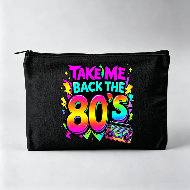 Women's 80s Nostalgia Letter Print Makeup Bag, Retro Style Cosmetic Pouch for Daily Use