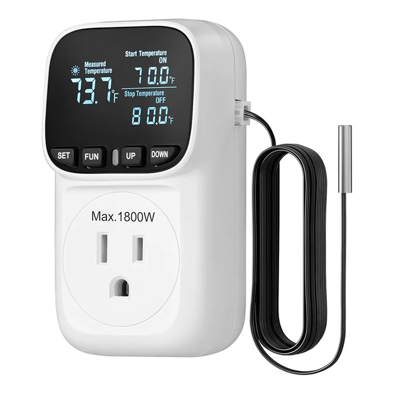 A66K-Digital Temperature Controller,15A/1800W Thermostat Outlet Plug,-40℉-210℉, Cyclic Timing/Countdown,For Incubator US Plug