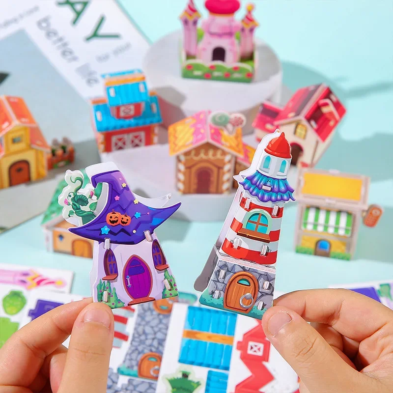20 pçs bonito mini 3d castelo casa modelo de construção papel quebra-cabeça brinquedo educativo para crianças festa aniversário favores recompensas escolares