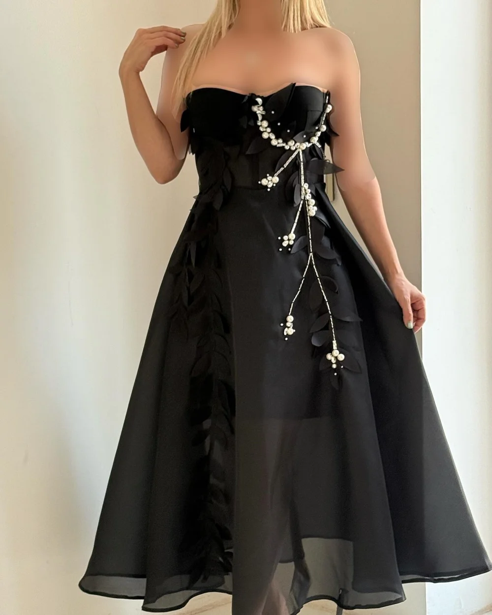 

Customized Modern Style Fashion Organza Pearl Ruched A-line Strapless Ankle Length Dresses Bespoke Occasion Dresses Matching