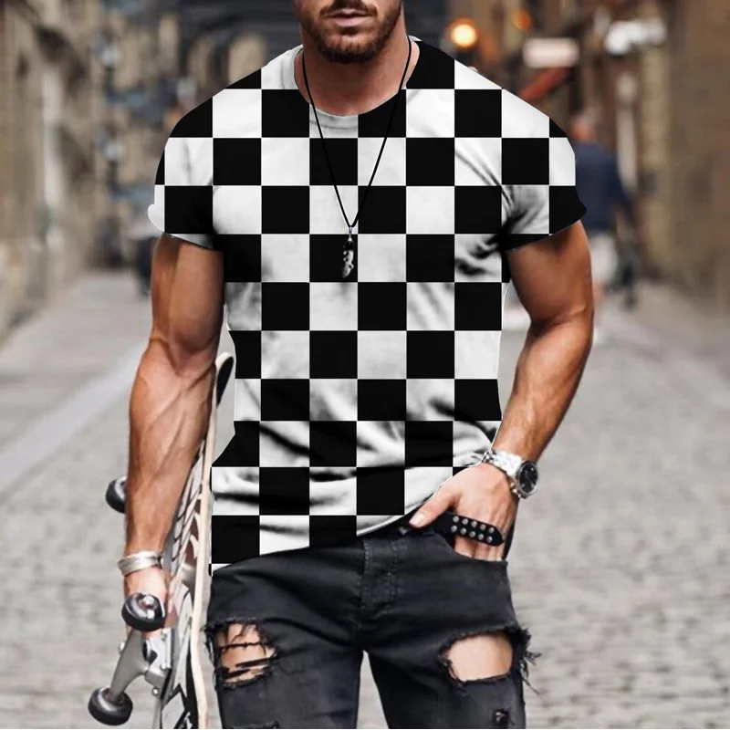 Verão impressão 3d camiseta para homem simples verificação listra padrão legal respirável manga curta na moda casual tshirt topo de grandes dimensões