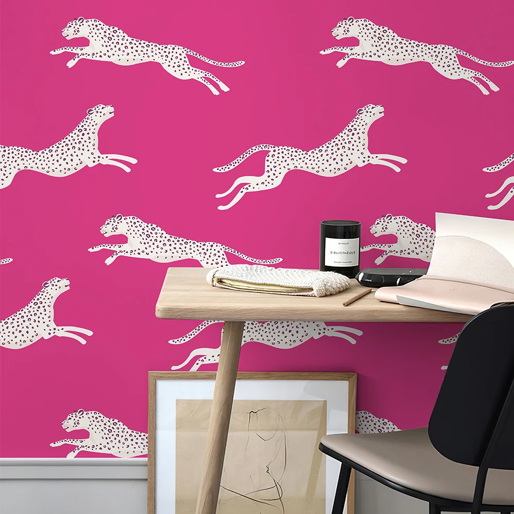 

Pink Leopard Watercolor PVC Wallpaper Peel And Stick Kitchen Waterproof Home Decor Retro Animal Bedroom Furniture Renovation