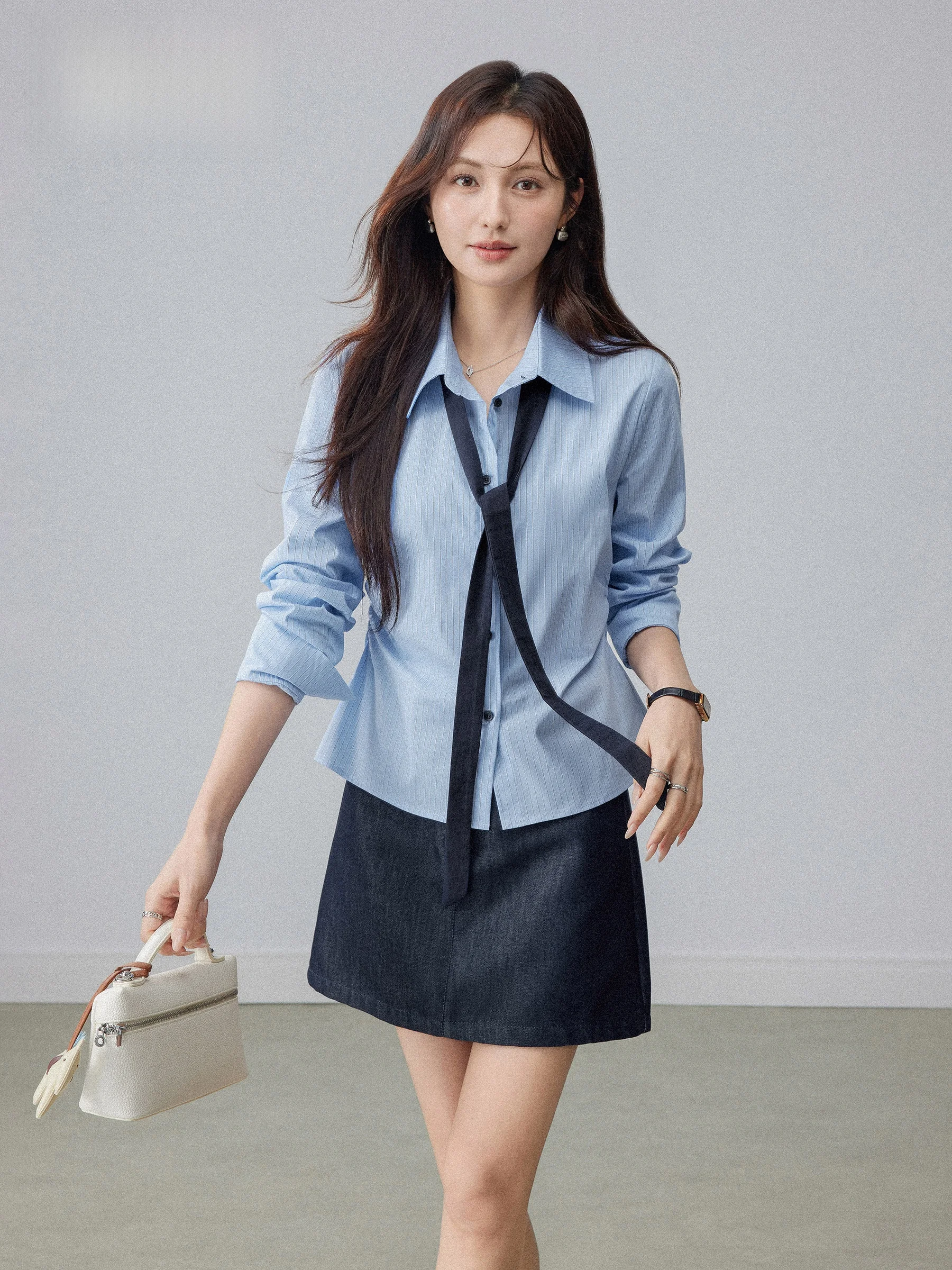 

Blue Striped Collar irt Women's Slim Fit Spring Casual Sle Long Sve Casual Sensation Special Exquisite Waist-Cut