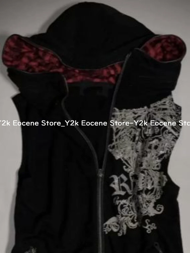 Dark Style Vintage Zipper Cardigan Tops Women Red Black Striped Hoodie Sleeveless Y2k Vest Aesthetic 90s Grunge Casual Clothing