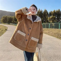 Suede Fur One Lambswool Coat Women's New Winter Plus Velvet Thicken Warm Outerwear Female Casual Hooded Cotton-padded Jacket