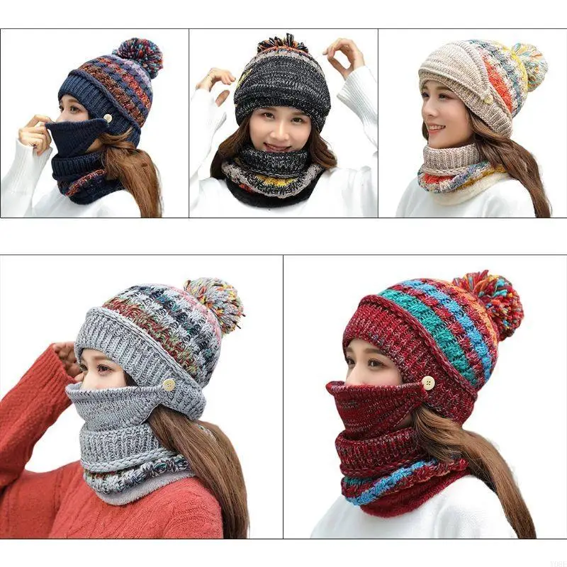 3 Pcs/set Winter Trend Youth Casual Wool Hedging Cap Women Warm Mixed Color Knit Hat Scarf Mask Set Y08E
