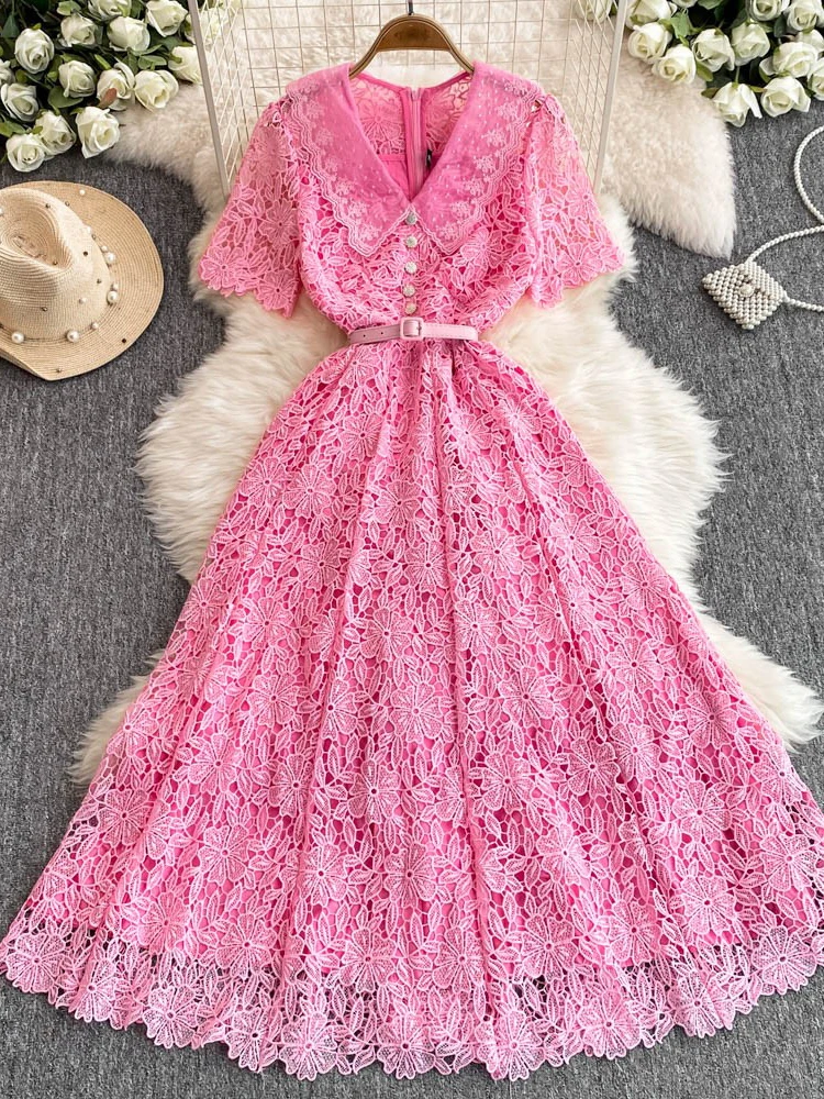 

Small Fragrance Dresses Peter Pan Collar Hook Flower Hollow Solid Color Dress Summer French Elegant Design 2025 Women's Clothing