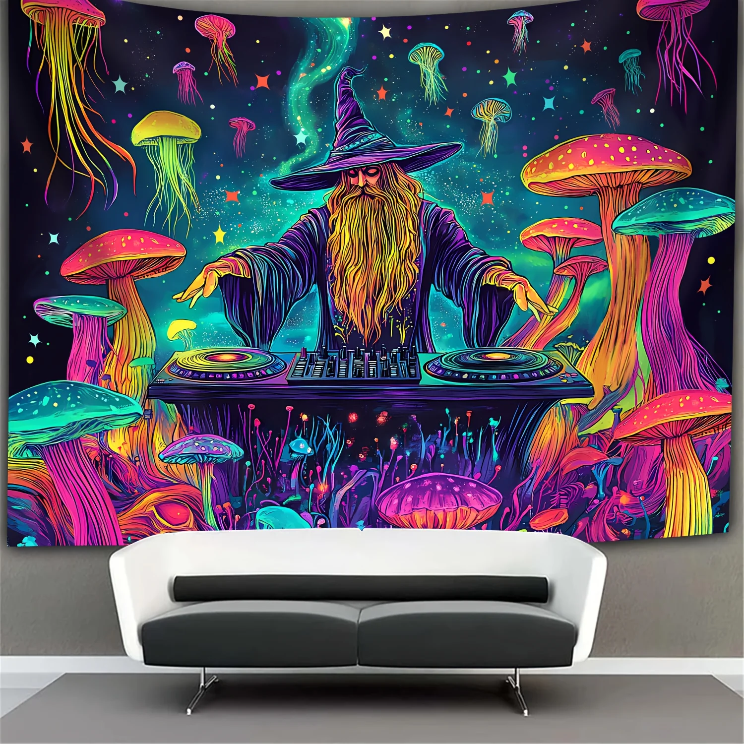 Magical DJ Wizard Tapestry - Perfect for Home Décor, Adding a Touch of Fantasy and Vibrant Color to Your Living Space