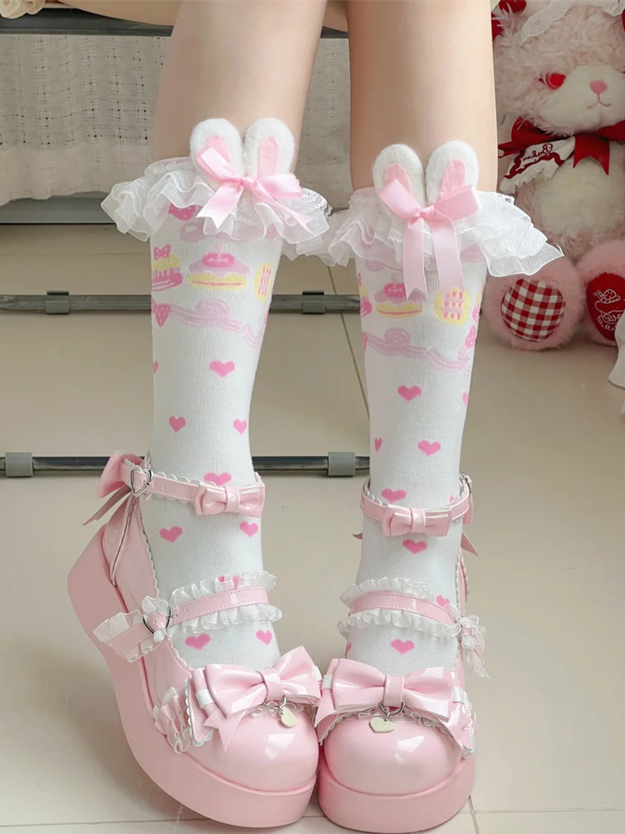 Original Lolita Calf Socks Women Japanese Style Sweet Rabbit Ears Cake Lace Bowknot Gentle Girl Sweet Charming Young Girl Socks