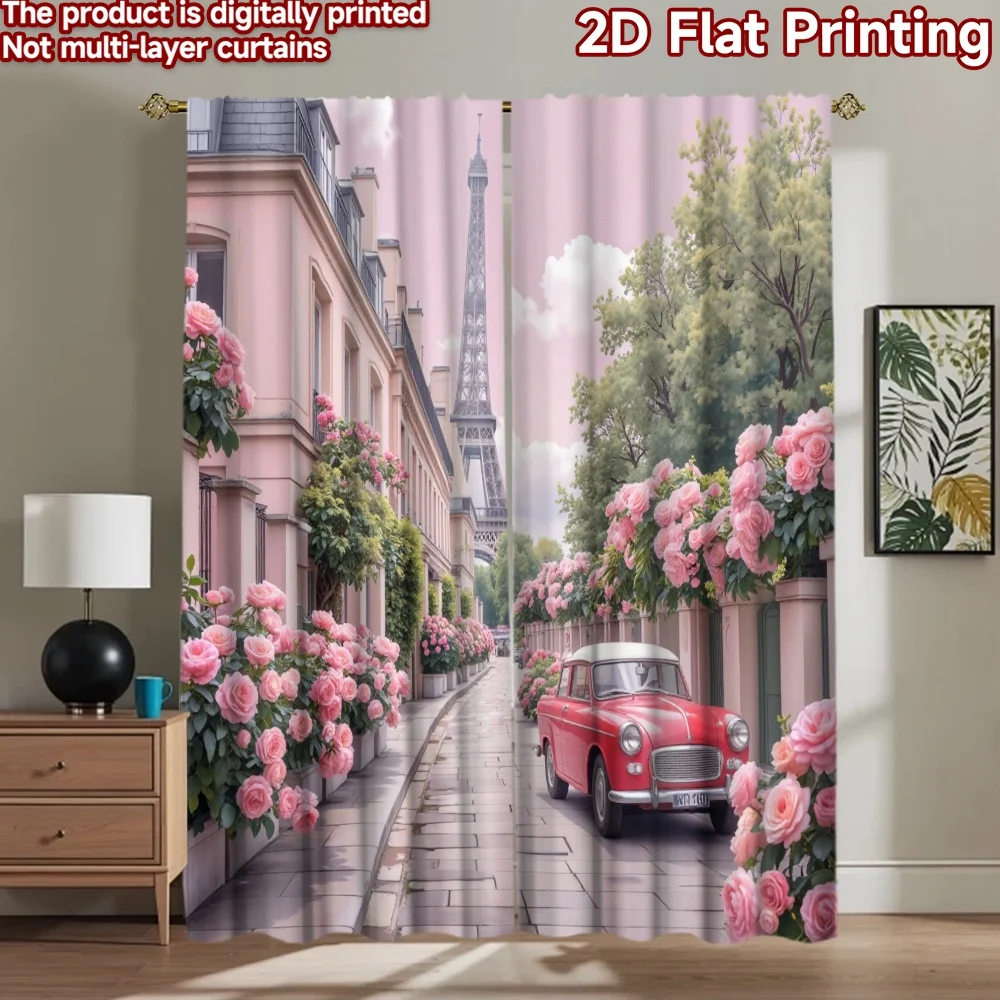 2D flat 2pcs Curtain French Romantic Style Paris Roses Eiffel Street Digitally printed polyester Party & Holiday Decor for