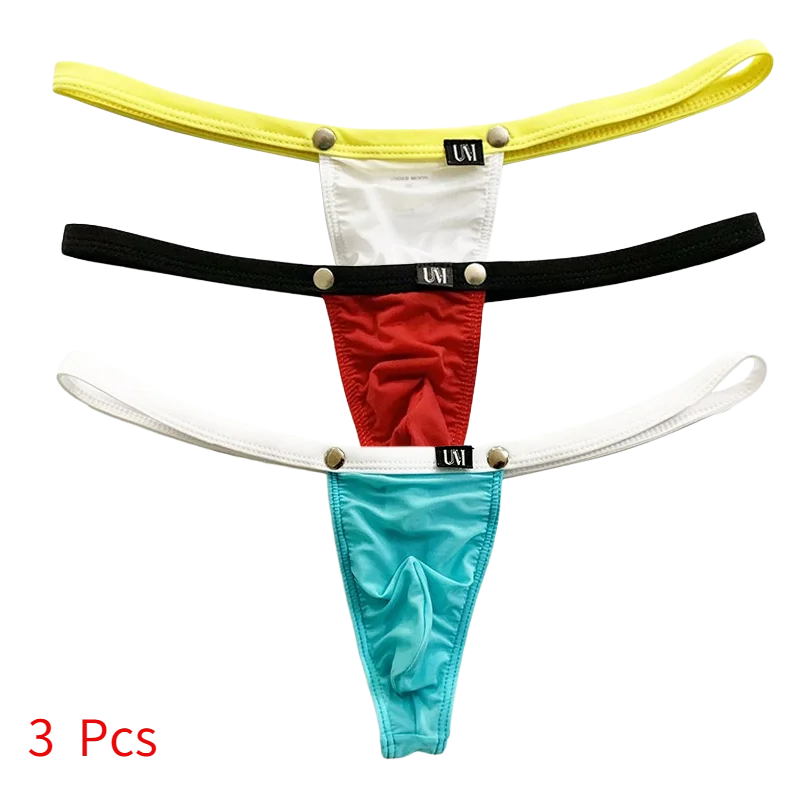 3 Pcs Ice Silk Men\'s Breif Decorative Button Thong Pocket Gstring  Pocket  Penis Sexy Men\'s T Pants Translucent  Men\'s Underwear