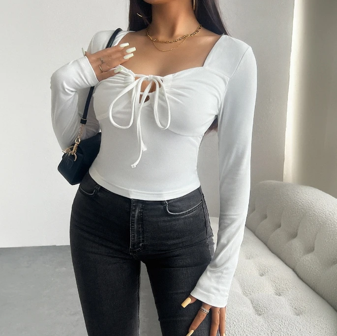 

Y2K Clothes Women's Elegant Basic Minimalist Knitted White Lace Up Hollowed Out Sexy Beauty Tight Short Top Long Sleeve Shirt