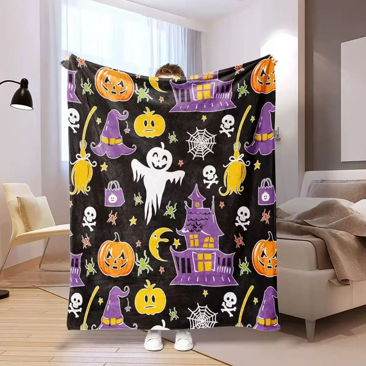 

1pc Pink Purple Halloween Blanket Ghost Print for Sofa Chair Skin-Friendly Soft Blanket 2025 New for Home Halloween Decoration