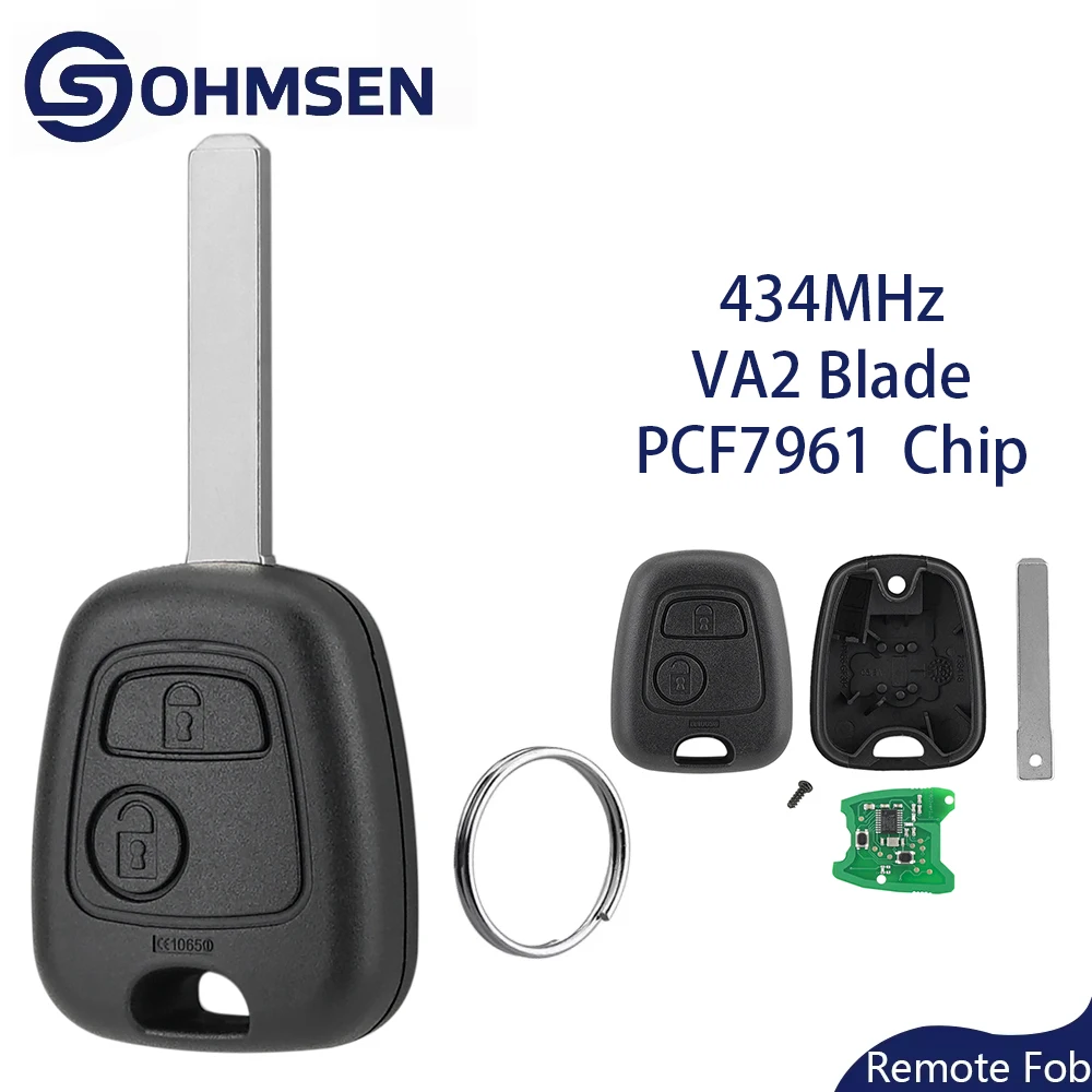 

OHMSEN 2 Button Remote Car Key Fob 433MHz ID46 Chip VA2 Blade for Peugeot 307 2001-2005