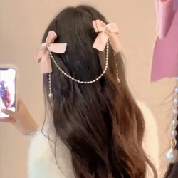 Sweet Princess Style Pink Pearls Chain Bow Hair Clip Women Children's Cute Back Head Hairpins Hair Clips Girls Hair Accessories