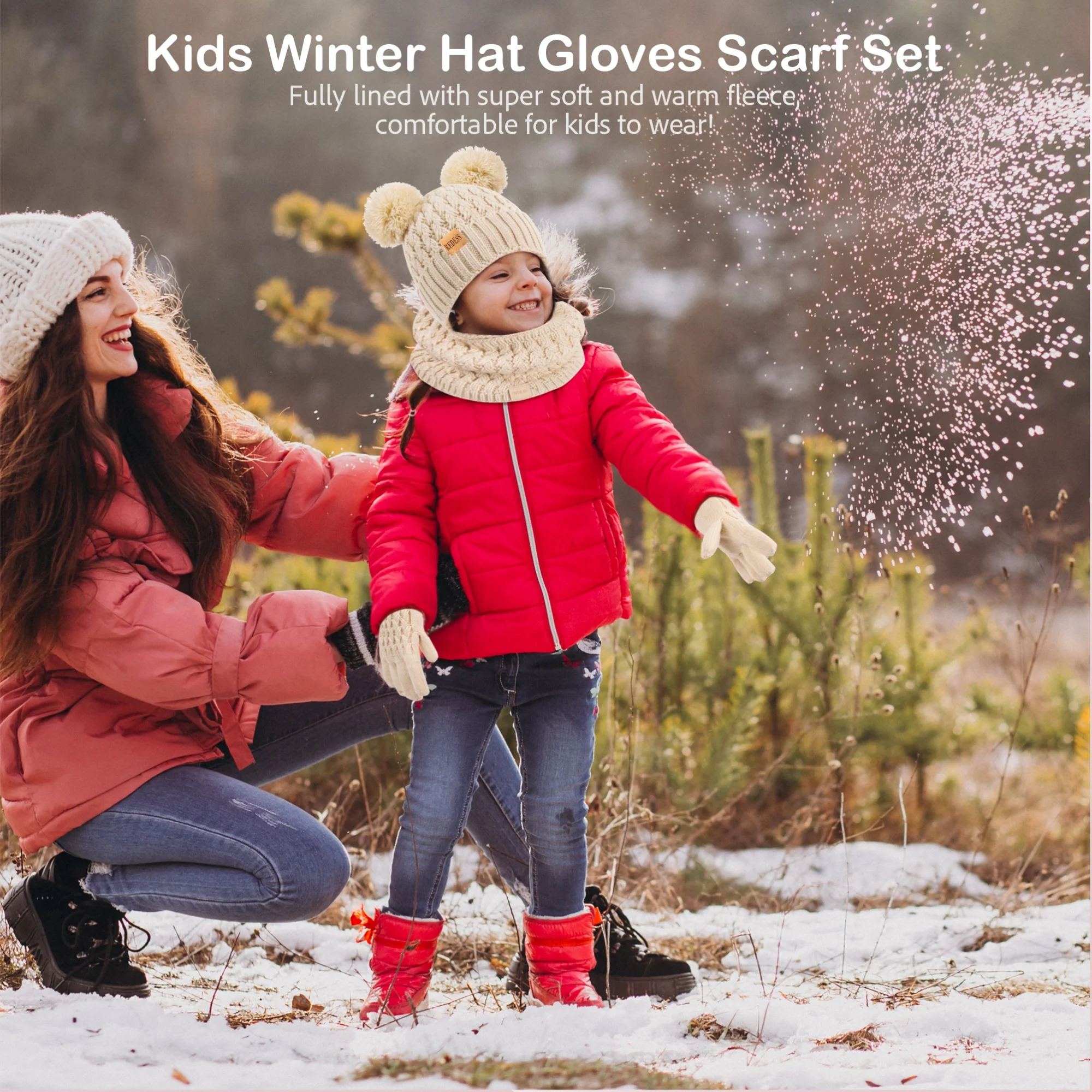 قبعات شتوية للفتيات، أوشحة، قفازات، قبعات بيسبول مبطنة بالفرو على شكل قبة مزدوجة، قفازات تعمل باللمس والأوشحة المحبوكة، su