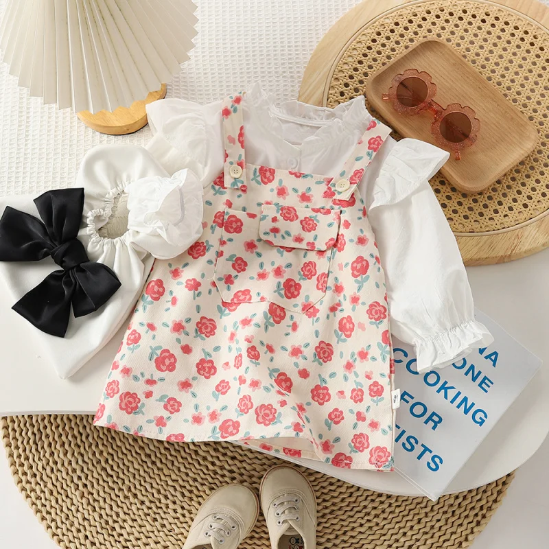 Kxkm-Girls' Spring Autumn Set New Western Style Fashion Floral Princess Strap Dress Suit