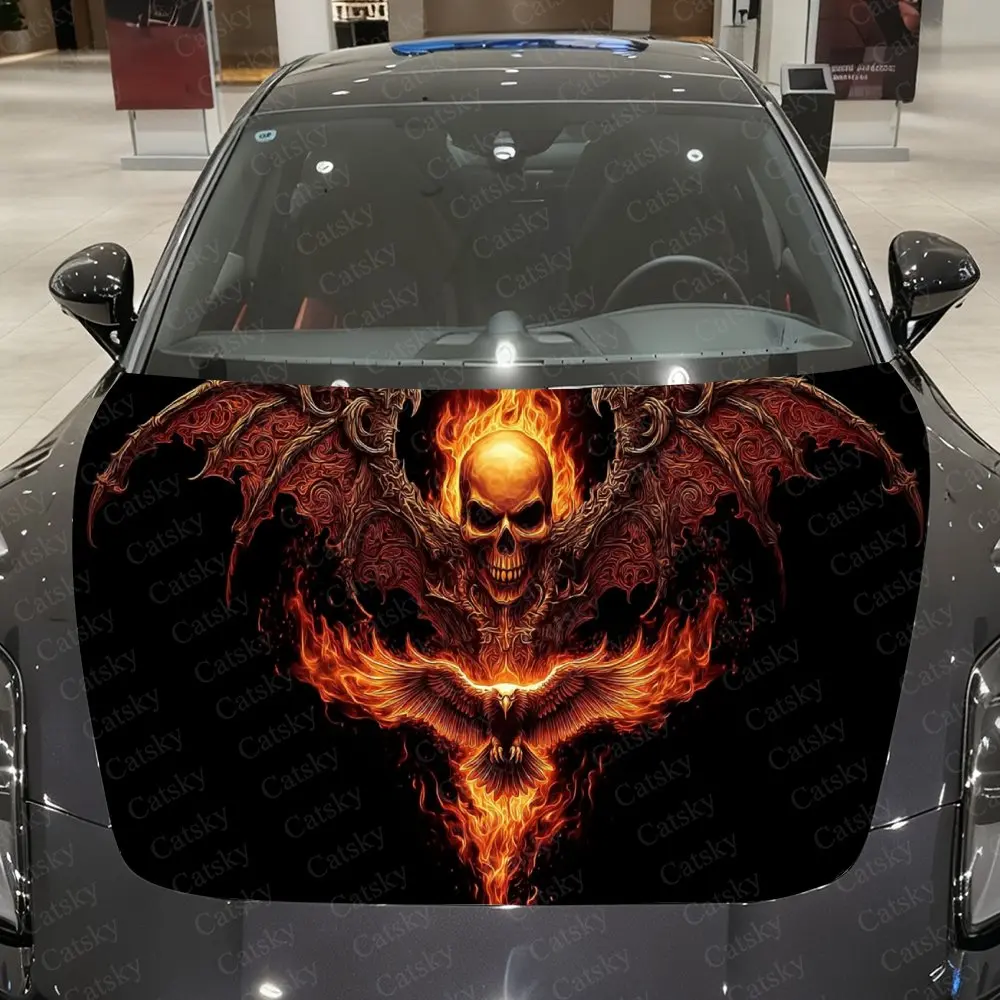 

Ember Fire Dual Being Skull & Phoenix Car Vinyl Wrap, PVC Waterproof Car Hood Sticker, Self-Adhesive Scratch-Resistant Stickers