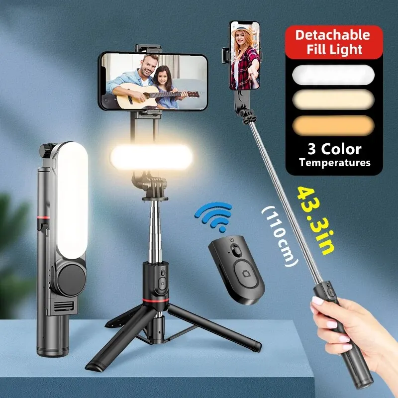 L15 Selfie Stick 1110mm with Wireless Bluetooth Double Fill Light Extended Tripod with Remote Shutter for Android IOS Cellphone