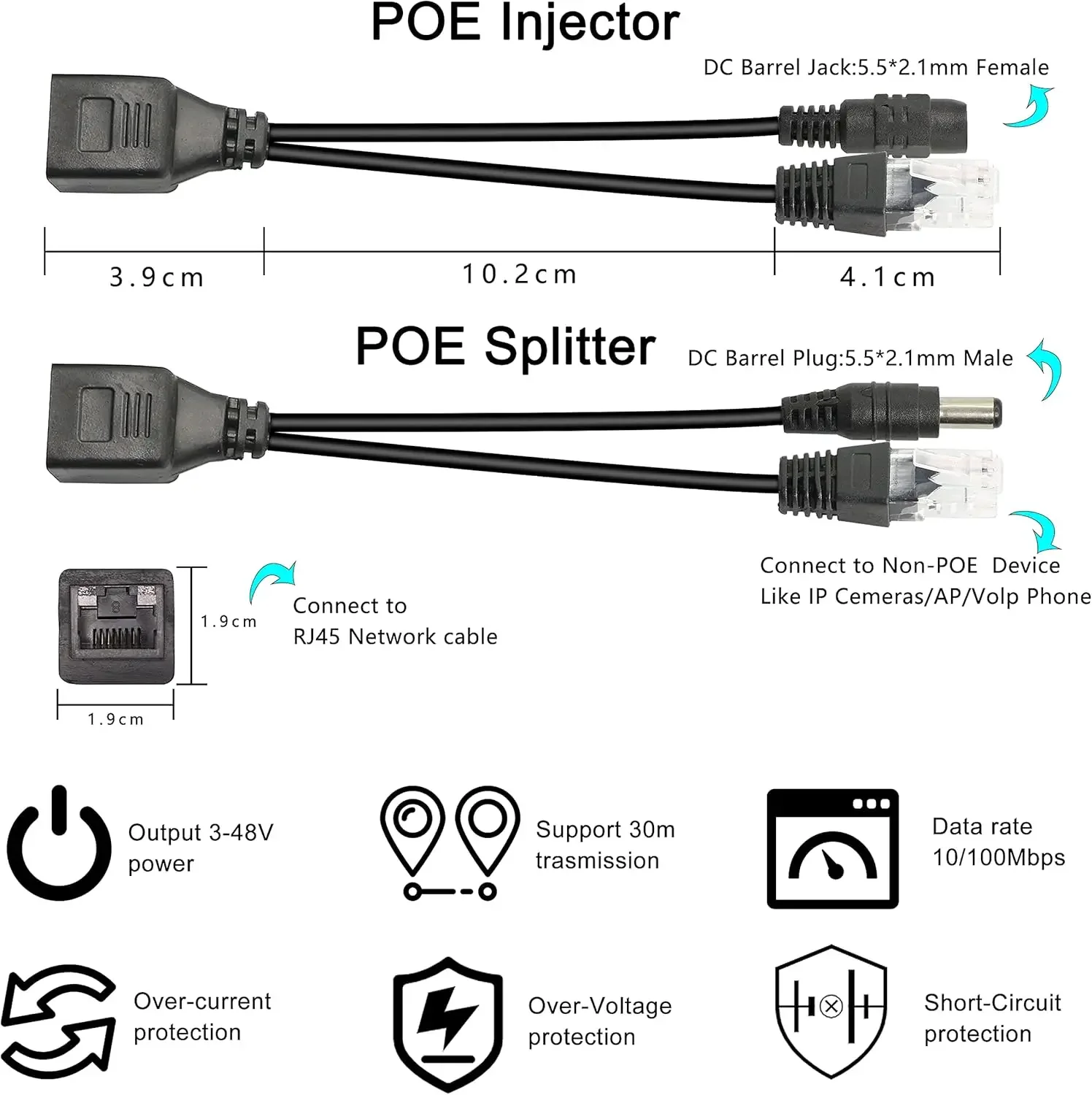 Passive PoE Injector PoE Splitter Kit with RJ45 Ethernet and Power DC 5.5x2.1 mm F/M Adaptor Connector for IP Security Camera view 2