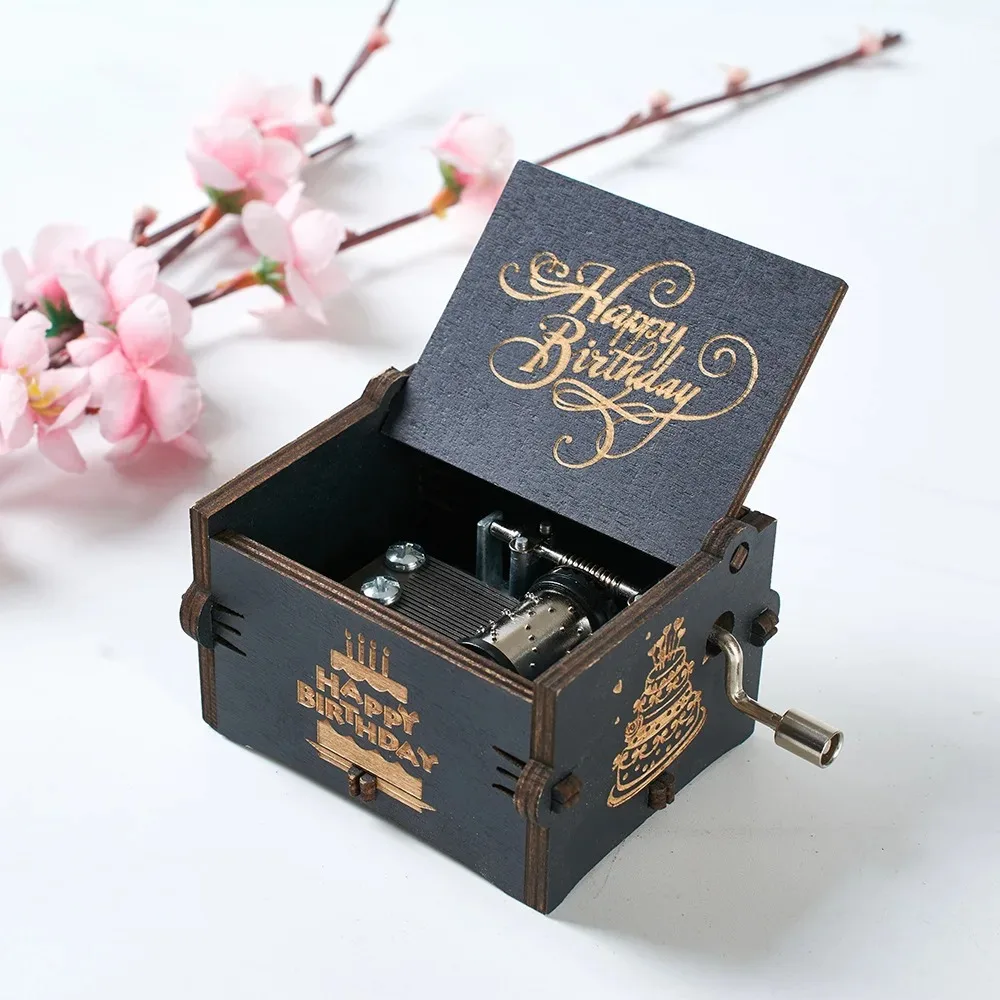 Music Box Wooden Hand Cranked Music Box Birthday Gifts Happy Birthday To You Theme UV Painting Diy Girl Home Accessories Decor