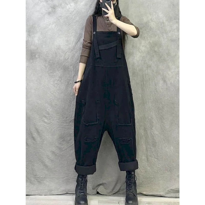 Solid Jumpsuits for Women Harajuku Vintage Straight Pants One Piece Outfit Women Clothes Safari Style Hole Design Casual Rompers