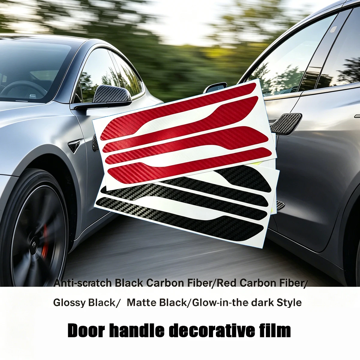 4PCS Glossy Matte Black Glow-in Carbon Fiber Door Handle Wrap Anti-Scratch Guard Car Styling Decal Protector For Tesla Model Y/3