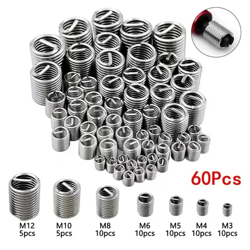 60Pcs Wire Thread Insert M3 M4 M5 M6 M8 M10 M12 Fastening Thread Insert Stainless Steel Spiral Wire Screw Sleeve Wear Repair Kit