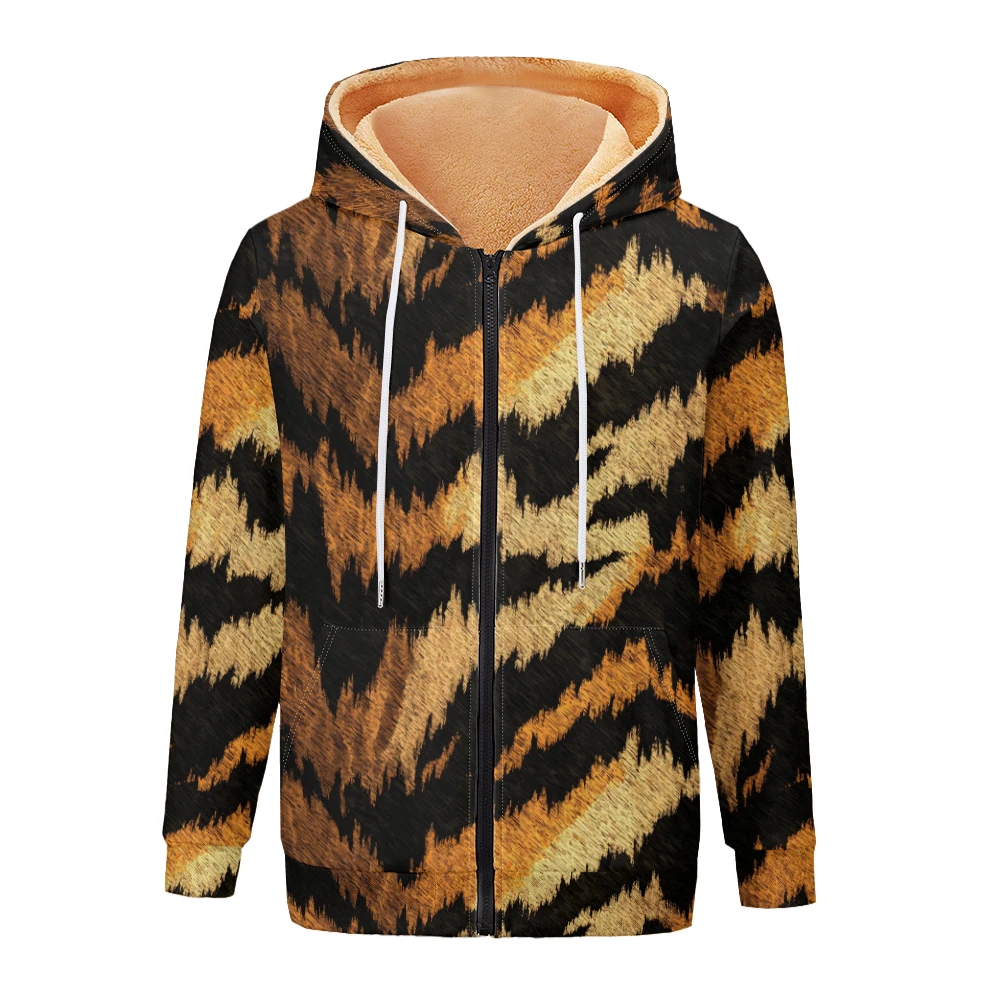 Tiger Textured Wild Women Jackets Coats Printed Zip Up Hoodie Fleece Lined Winter ​Warm Streetwear Motorcycle Outwear Clothing