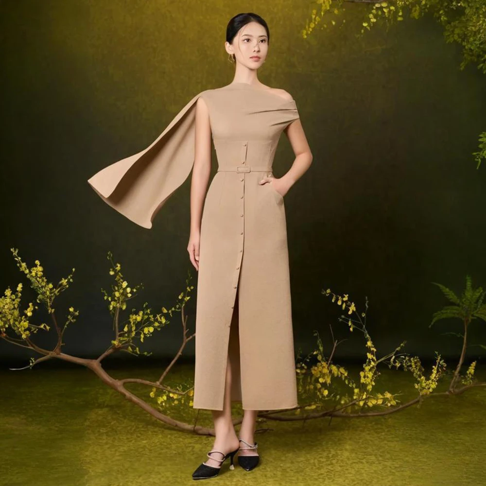Customized Modern Cocktail Dress Midi One Shoulder Buttons Column Formal Party Gowns for Women Tea Length Simple Evening Dresses