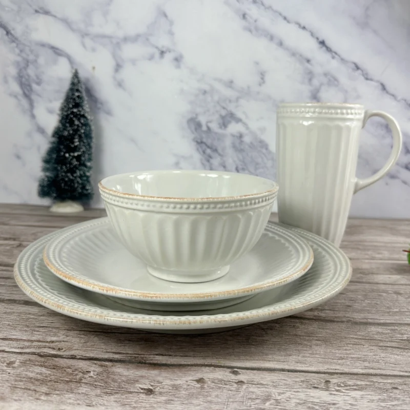 

Ceramic French Pearl White European Embossed Old Steak Plate Bowl Soup Plate Fish Plate