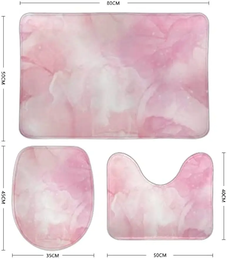 3 Pieces Bath Mats,Bathroom Rug Set of 3,Include Pink Watercolor Purple Marble Bath Rug +Contour Mat+Lid Cover for Bathroom