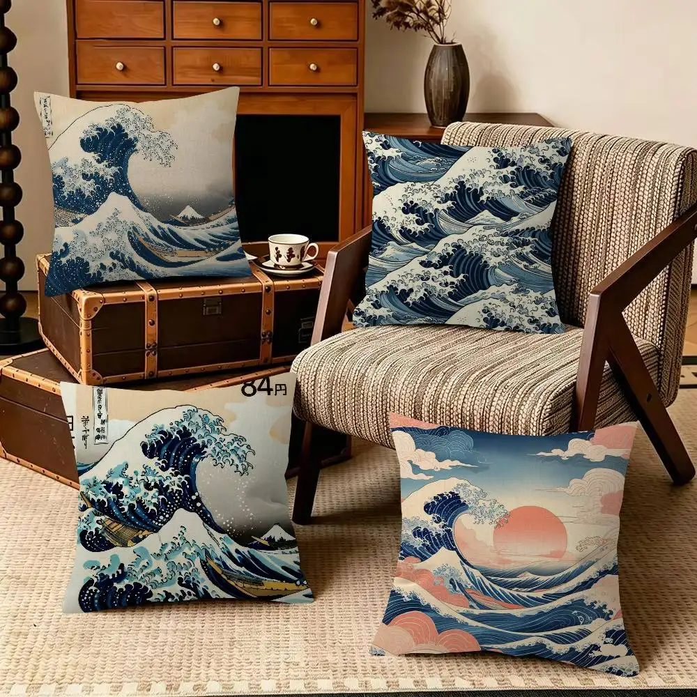 Great wave of Kanagawa  Decorative Room Aesthetics Pillow Case Home Decor Bedroom Sofa Bed Pillow Cover 45x45
