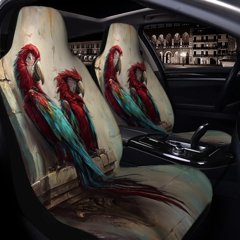 2pcs Red And Green Parrot Nest Ancient Wall Print Car Seat Covers, Suitable For Sedans, Suvs, Mpvs, Trucks, Durable Polyester Ma