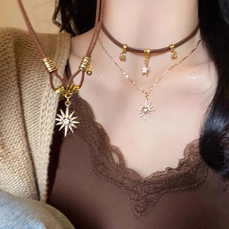 2024 New Sun Star Zircon Necklace for Women Vintage Leather Necklace Double Layered Star Pendant Chain Choker Fashion Jewelry