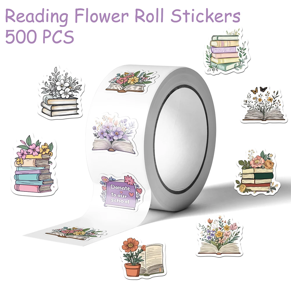 500pcs Reading Flower Roll Stickers Decals For Phone Bottle Scrapbook Luggage Refrigerator DIY Aesthetic Waterproof Stickers
