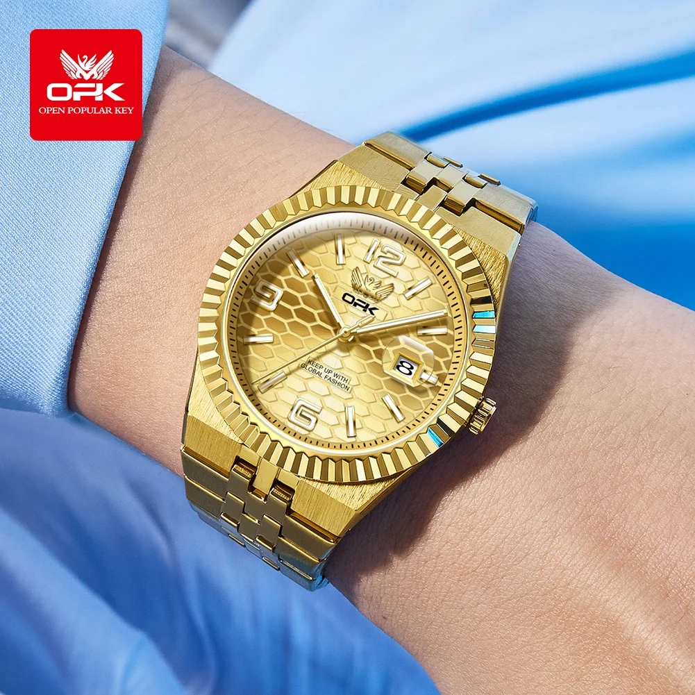 OPK 8186 ساعة رجال الأعمال ستانلس ستيل مقاومة للماء تاريخ تلقائي كوارتز ساعة رجالية