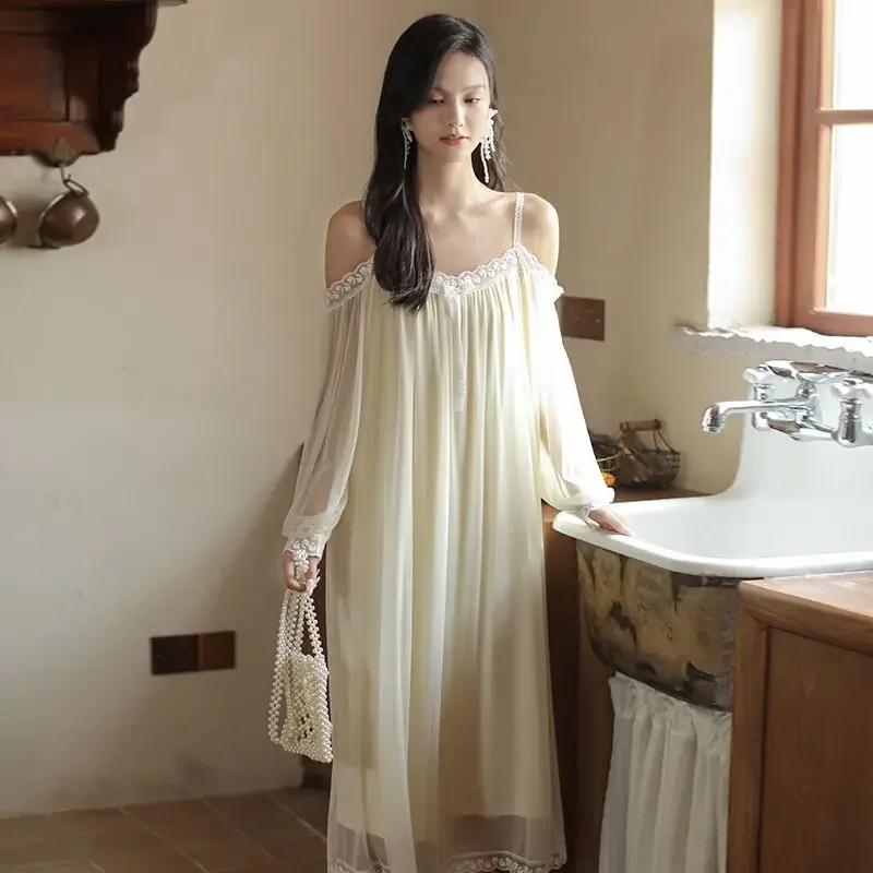 Vintage Luxury Modal Gauze Women\'s Long Sleepwear Soft Lace Elegant Dress Spring Autumn Summer Loose Nighty Clearance