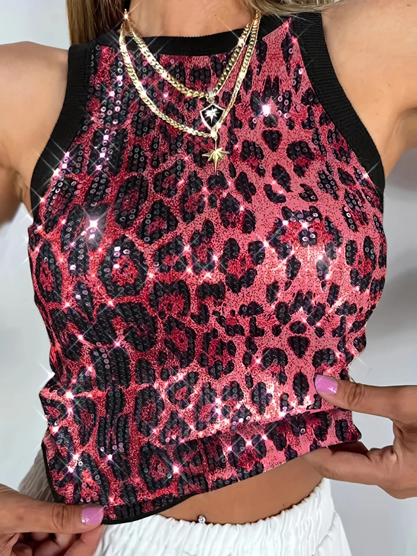Europäischer und amerikanischer Stil, sexy Pailletten-Top mit Leopardenmuster, als Basis- und Oberbekleidung geeignet. – Detail 9