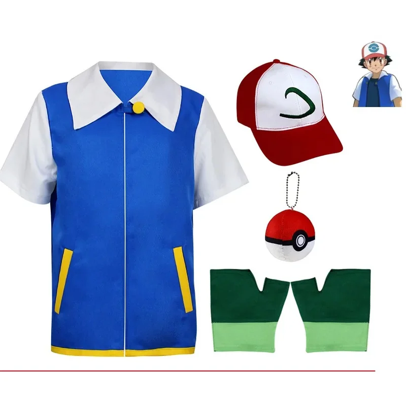 Men Anime Blue Jackets Girls Boys Ash Ketchum Cosplay Costume Halloween Coach Hat Gloves Adjustable Baseball Cap Cosplay Coat