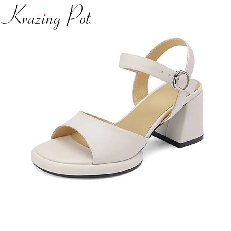 Krazing Pot Sheep Leather Solid Color Peep Toe European Concise Style Summer Thick High Heels Buckle Straps Beauty Sandals Women