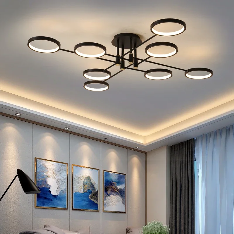 

2026 Modern LED Chandelier For Living Room Bedroom Black 1/2/6/8 Circles Aluminum Ceiling Light With Remote Control Interior Lig