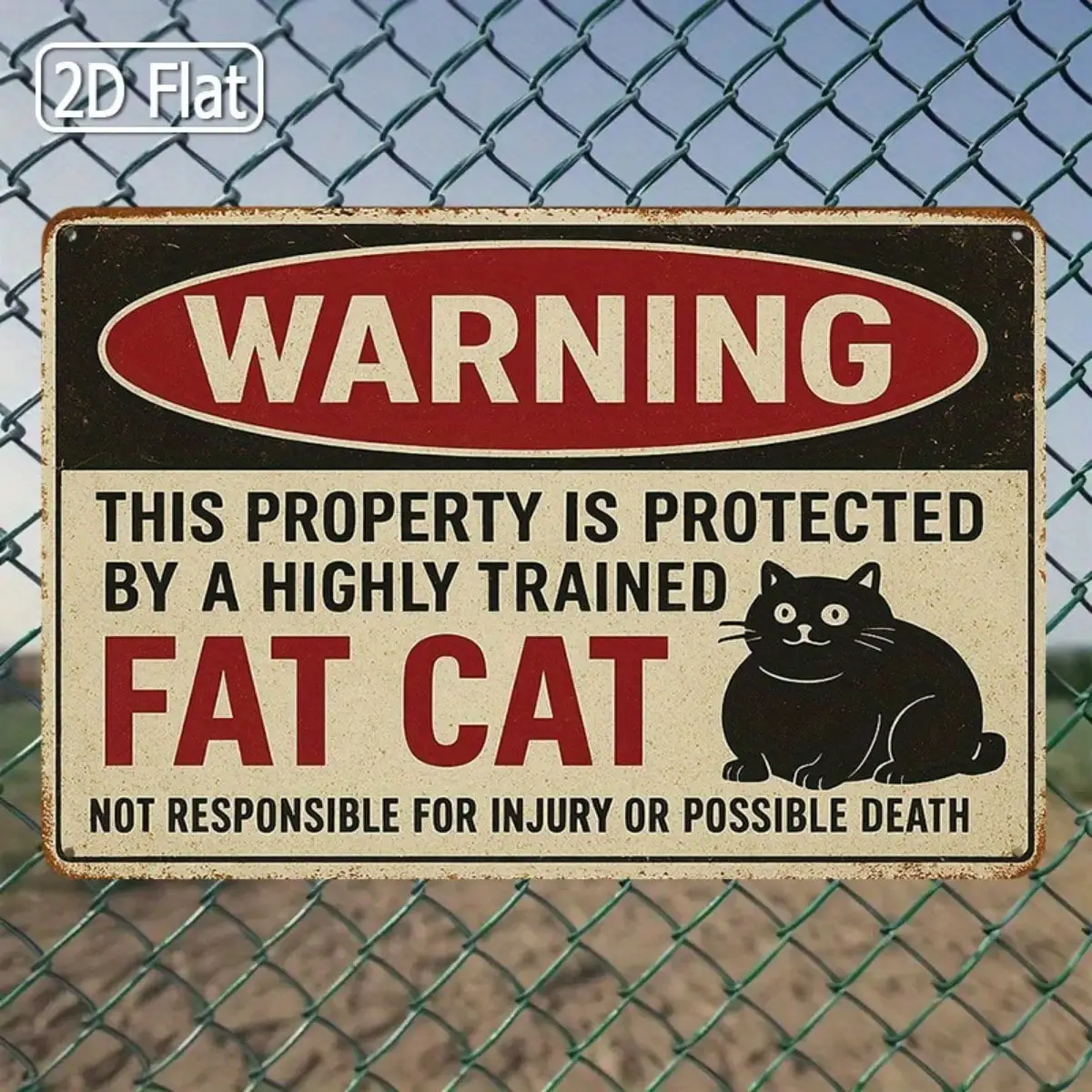 قطعة واحدة من لافتة القصدير تحذيرية روح الدعابة محمية من قبل قطة الدهون - ديكور المنزل/المكتب، تصميم قديم، 8 × 12 بوصة / 20 × 30 سم