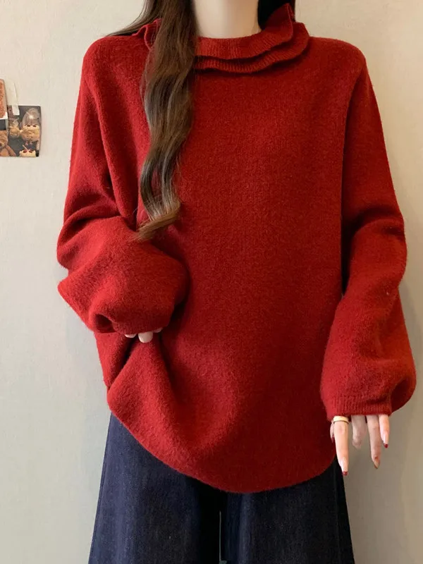 

Red Long Sve Knitted Sweater Women's Winter Faion plus Size MM Aosphere Sense Wood Ear Trim Thiened Soft round Ne Top