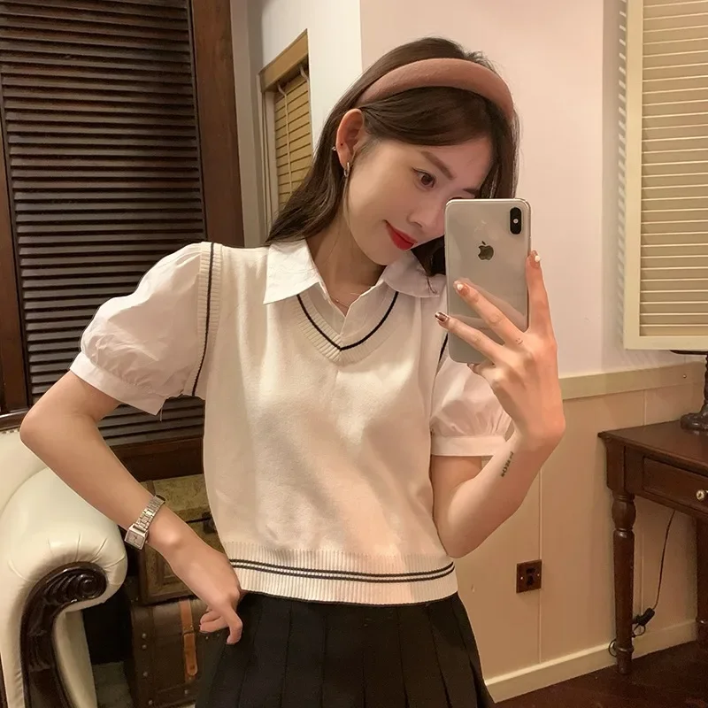 Fake 2 Pcs Blouses Women Knitted Preppy Students Sweet Tender New Arrival Harajuku All-match Summer Tops Mujer Stylish Korean