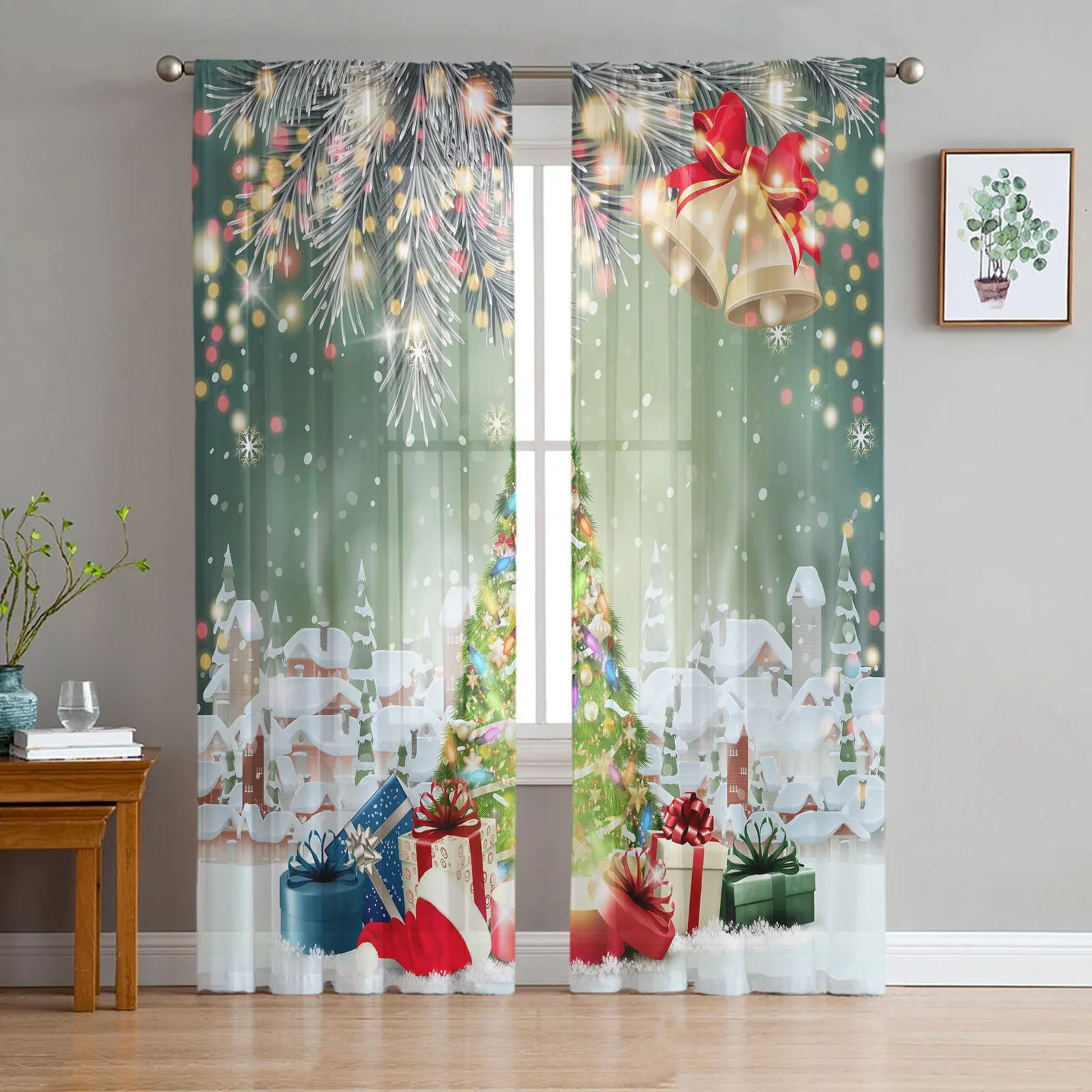 Christmas Tree Bells Village Snowing Sheer Curtains Home Decorations Window Tulle Curtains For Living Room Bedroom Kitchen