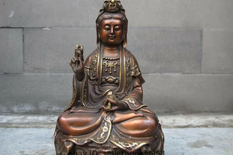 17CM Tibet Buddhism Bronze Guanyin lotus flower Kwan-yin Boddhisattva Statue