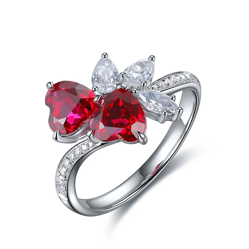 New Design Double Lab Grown Pigeon Blood Red Ruby Heart Shape Gemstone Silver Plated White Gold Heart Ring Jewelry